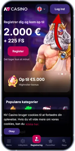 NV Casino startside – login-knap øverst til højre