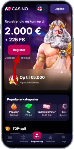 NV Casino startside – registreringsknap med velkomstbonus på 2.000 € + 225 FS