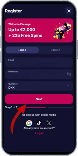 NV Casino registrering trin 1 – udfyld e-mail, adgangskode og valuta DKK